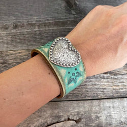 MADE TO ORDER - Aqua Leather Bracelet with Heart Concho