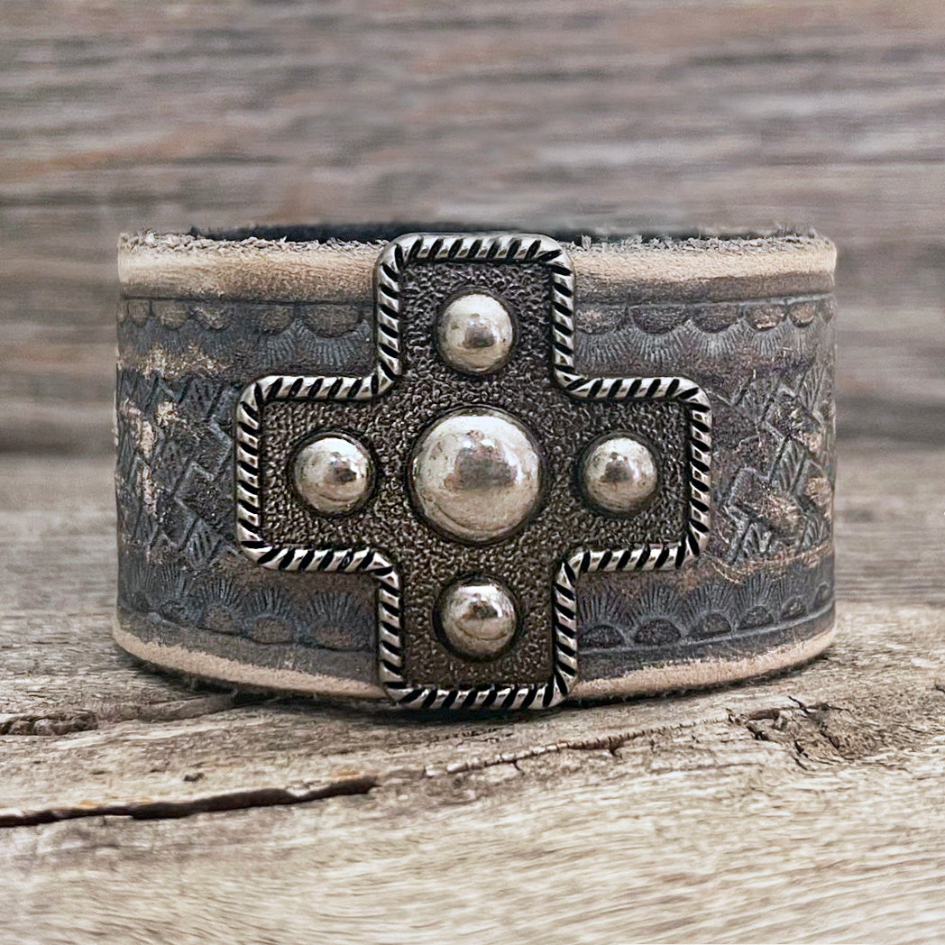 MADE TO ORDER -  Cross Concho Braided Pattern Leather Bracelet