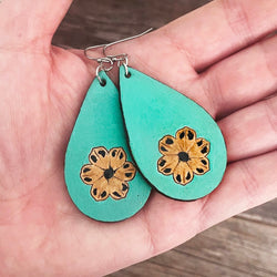 MADE TO ORDER - Turquoise Leather Drop Earrings with Brown Flower