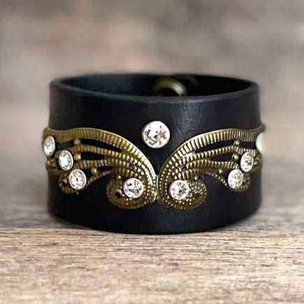 MADE TO ORDER - Black Leather Wings Bracelet with Swarovski Crystals