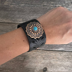 One of a Kind, Die Cut Leather Bracelet with Flower Concho