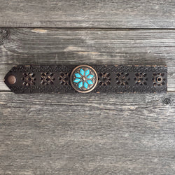 One of a kind Genuine Leather Bracelet Diamond Flower Copper Concho