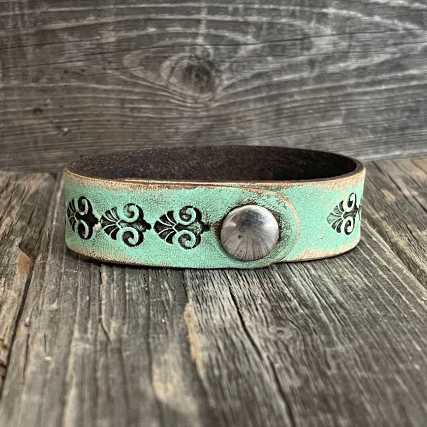 One of a kind, Genuine Tooled Leather Thin Boho Bracelet