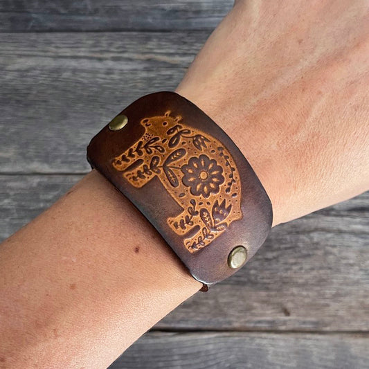 MADE TO ORDER - Genuine Leather Bracelet with Tooled Bear Design