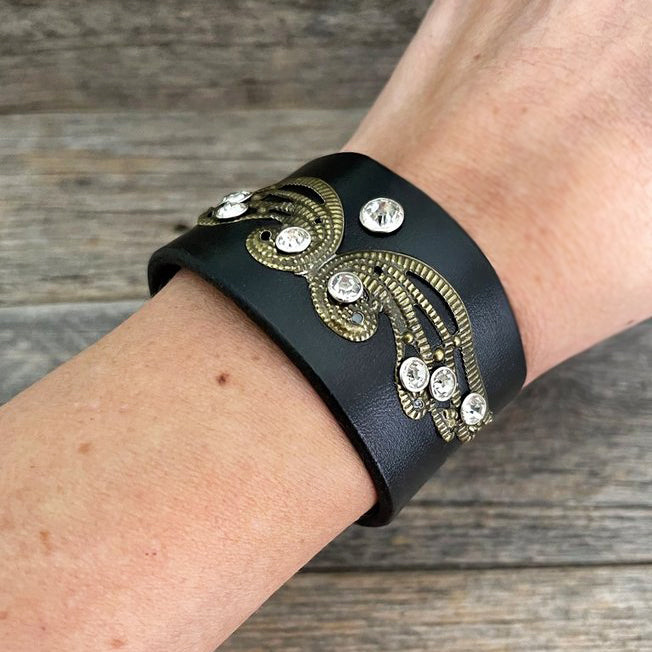 MADE TO ORDER - Black Leather Wings Bracelet with Swarovski Crystals