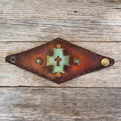 MADE TO ORDER - Wide Leather Bracelet with Pewter Patina Cross