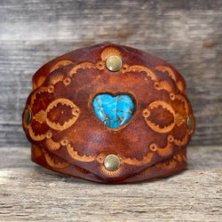 One of a Kind, genuine leather bracelet with heart-shaped turquoise stone