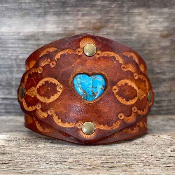 Leather Bracelet with Heart-shaped Turquoise | Boho Bracelet