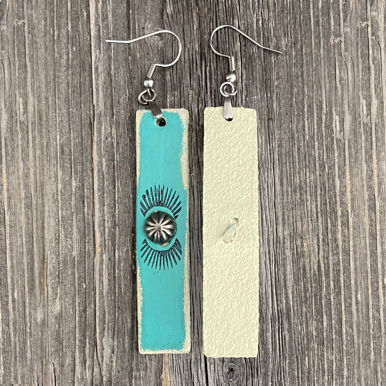 MADE TO ORDER - One of a Kind, genuine leather turquoise stripes handmade earrings with rivets