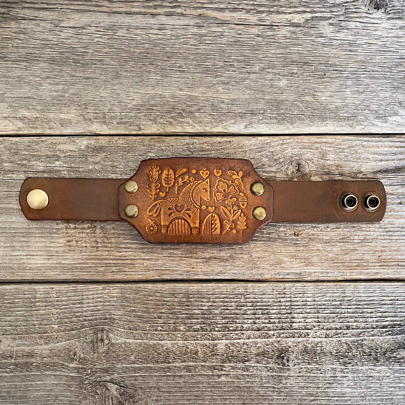 MADE TO ORDER - Genuine Leather Bracelet with Tooled Horse Design