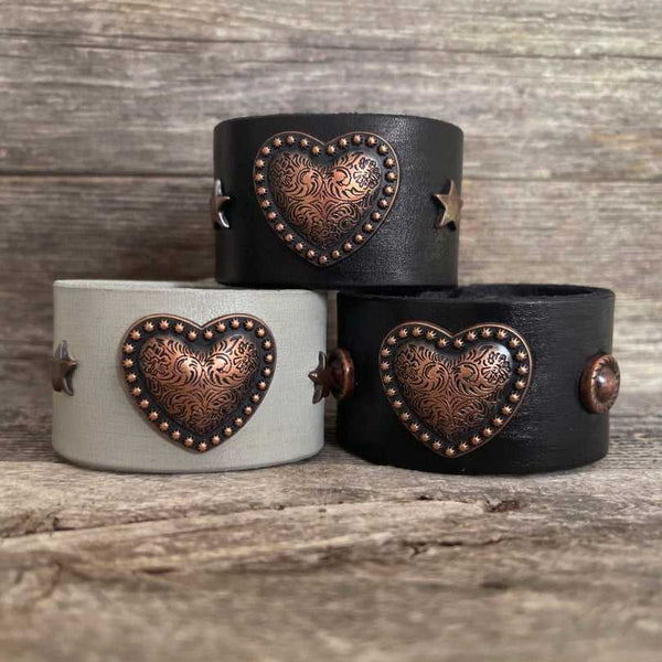 One of a Kind, genuine leather and heart copper concho bracelet