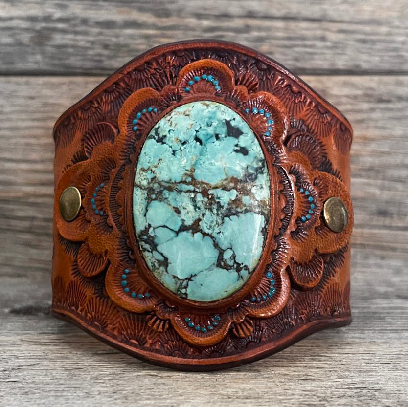 One of a Kind - Tooled Leather Bracelet with Big Tibetan Turquoise