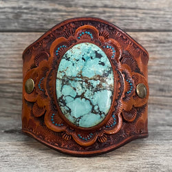 One of a Kind - Tooled Leather Bracelet with Big Tibetan Turquoise