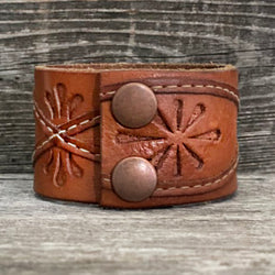 One of a kind Genuine Threaded Leather Bracelet with Flower Concho