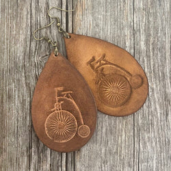 MADE TO ORDER - Long Leather Drop Earrings with Bicycle Design