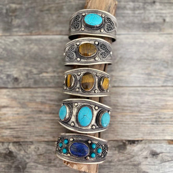 Natural Stone Hand Tooled Cuff Bracelet | Boho Accessories