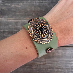 MADE TO ORDER - Light Olive Leather Bracelet Copper Concho