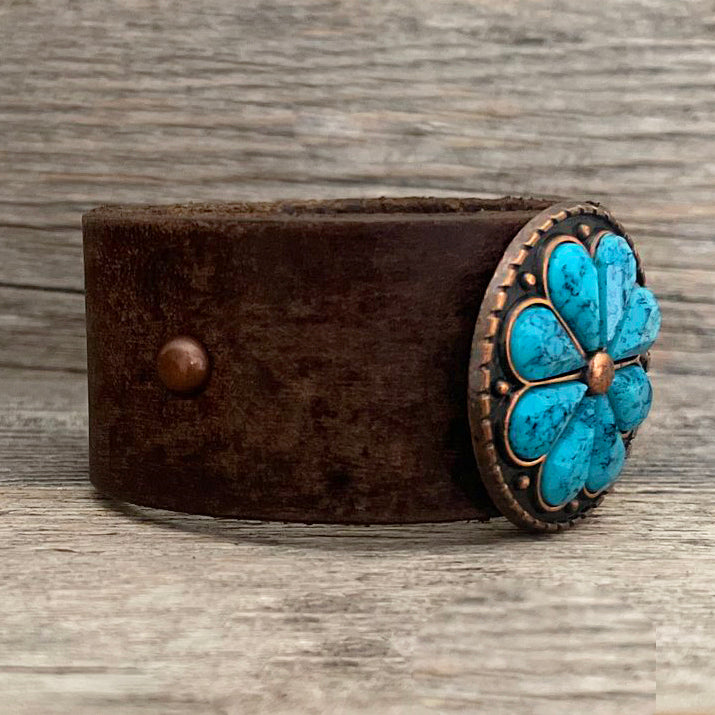 One of a Kind Genuine Distressed Leather Bracelet with Flower Concho