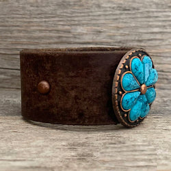 One of a Kind Genuine Distressed Leather Bracelet with Flower Concho