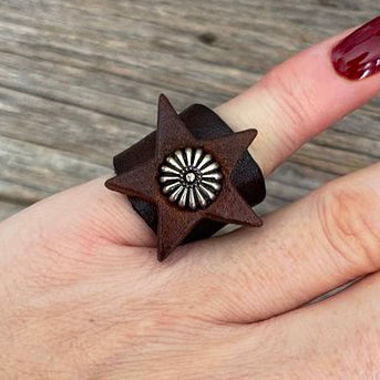 MADE TO ORDER - Genuine Brown Leather Star Concho Ring