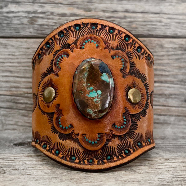 One of a Kind - Tooled Leather Bracelet with Royston Turquoise