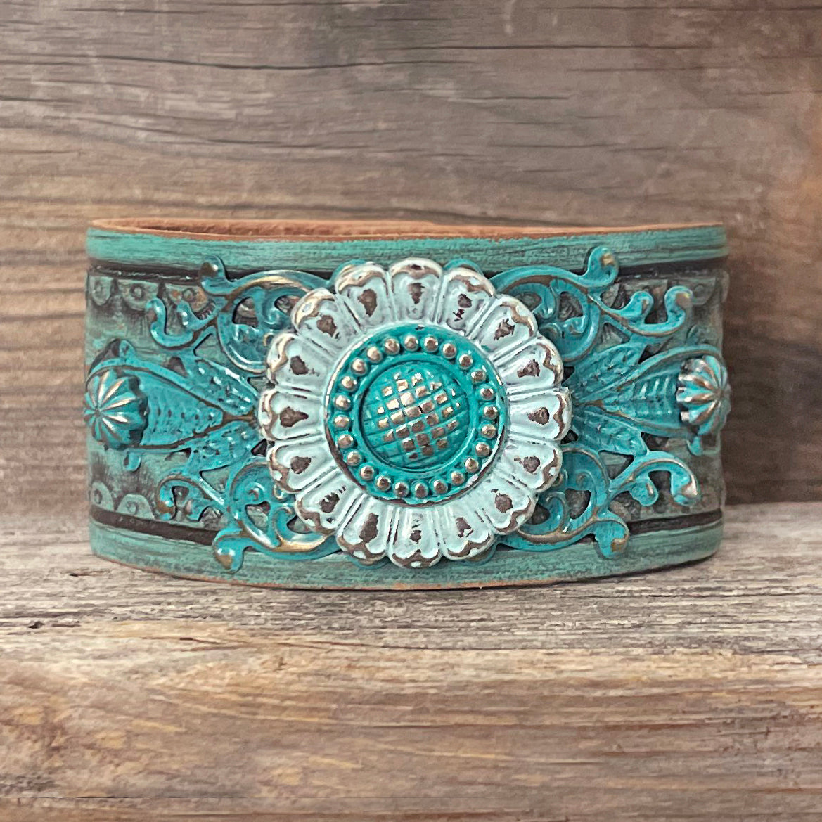 One of a Kind, genuine leather patina flower concho bracelet