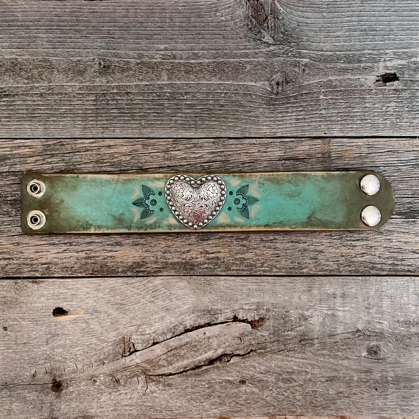 MADE TO ORDER - Aqua Leather Bracelet with Heart Concho
