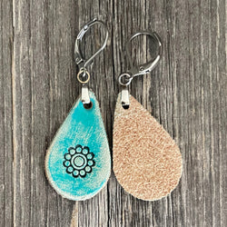 MADE TO ORDER - One of a Kind, genuine leather turquoise rustic drop boho handmade earrings with tooled flower