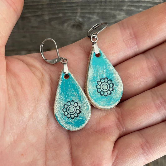 MADE TO ORDER - Leather Turquoise Rustic Drop Flower Earrings