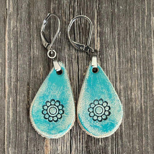 MADE TO ORDER - Leather Turquoise Rustic Drop Flower Earrings