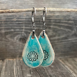 MADE TO ORDER - One of a Kind, genuine leather turquoise rustic drop boho handmade earrings with tooled flower