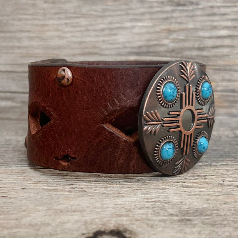 One of a Kind Genuine Leather Die Cut Bracelet with Mandala Concho