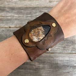 One of a Kind, extra wide leather bracelet with genuine Palm Root Agate stone