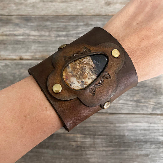 One of a Kind, Extra Wide Leather Bracelet Palm Root Agate Stone
