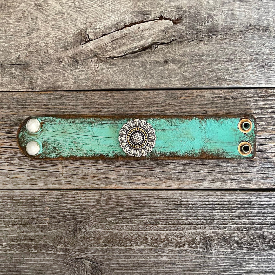 MADE TO ORDER - Turquoise Leather Bracelet with Sunflower Concho