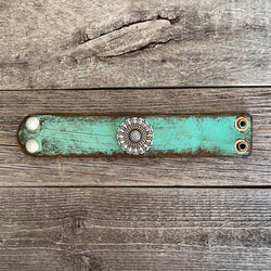 MADE TO ORDER - Turquoise Leather Bracelet with Sunflower Concho