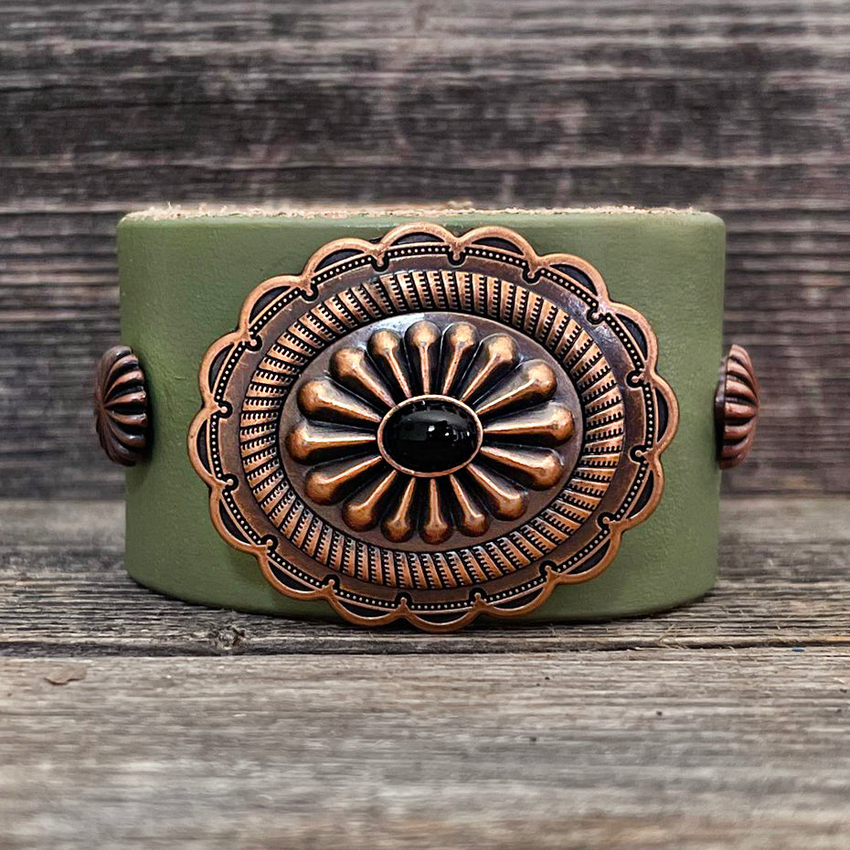 MADE TO ORDER - Light Olive Leather Bracelet with Copper Concho