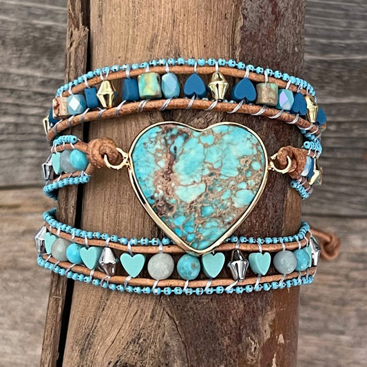 Genuine Leather, Turquoise 3 Tier Wrap Bracelet Jasper Heart