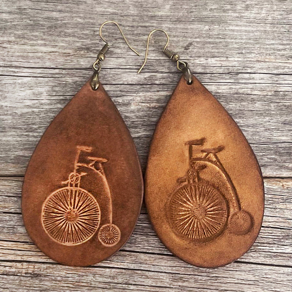 MADE TO ORDER - Long Leather Drop Earrings with Bicycle Design