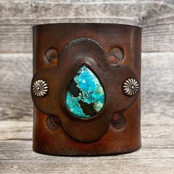 One of a Kind, extra wide leather bracelet with genuine Tibetan Turquoise stone