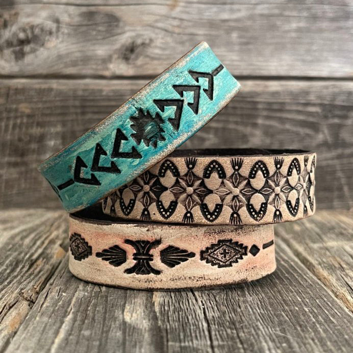 One of a kind, Genuine Tooled Leather Thin Boho Bracelet