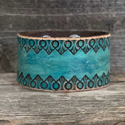 One of a kind, genuine leather, wide boho bracelet with tooled edge pattern