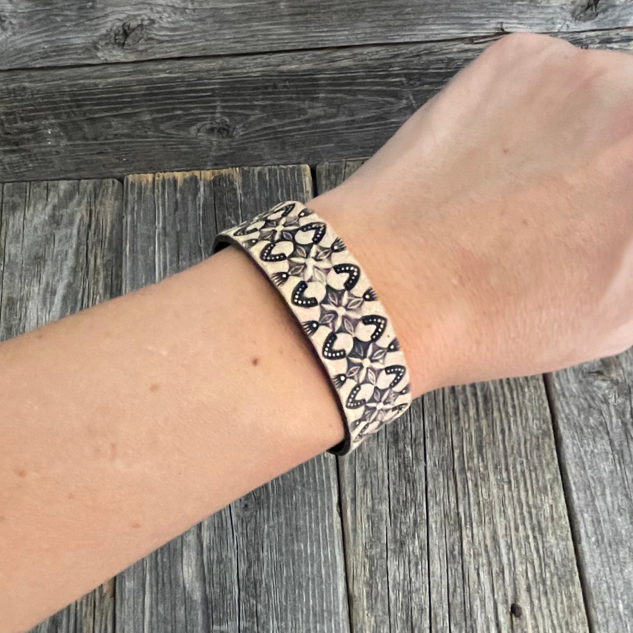 One of a kind, Genuine Tooled Leather Thin Boho Bracelet