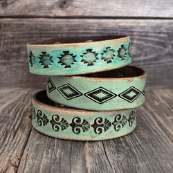 One of a kind, Genuine Tooled Leather Thin Boho Bracelet