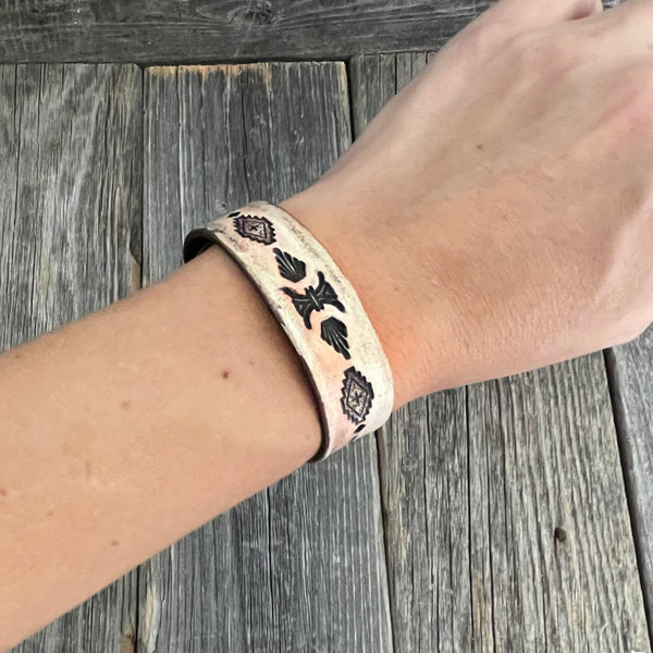 One of a kind, Genuine Tooled Leather Thin Boho Bracelet