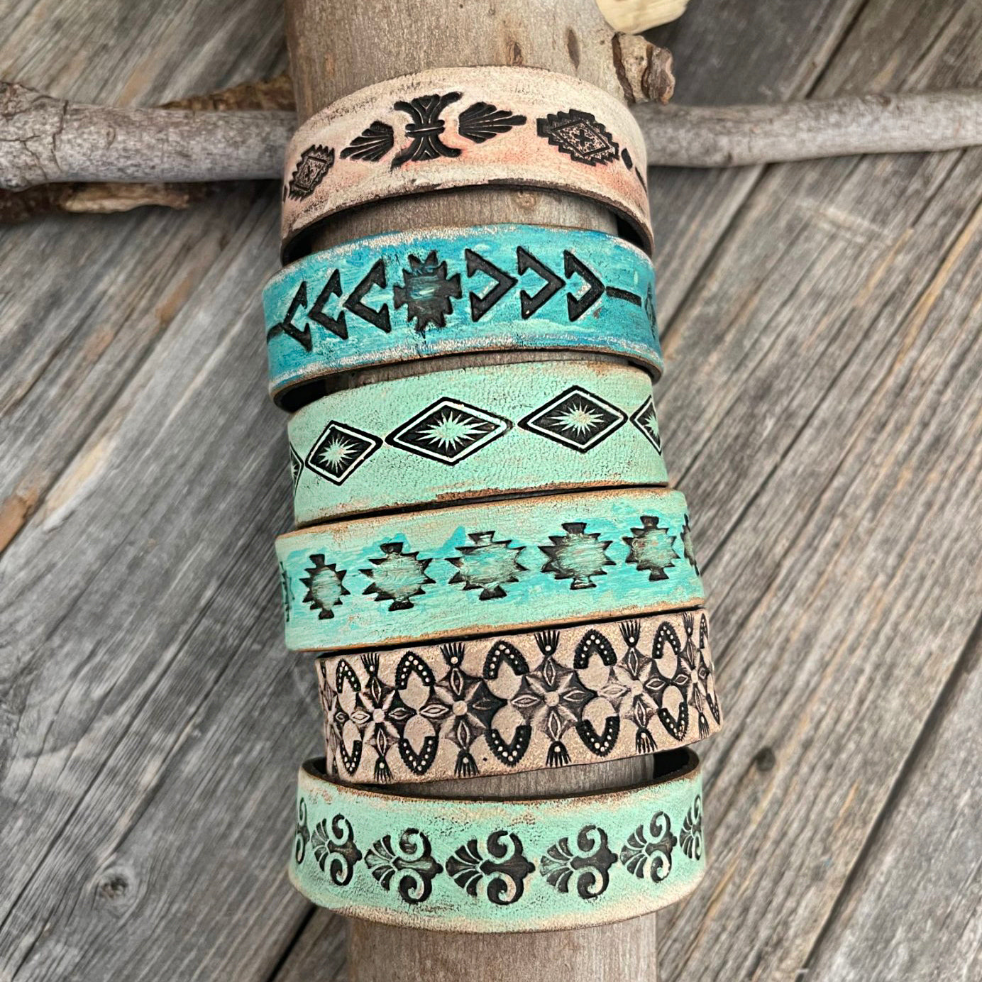 One of a kind, Genuine Tooled Leather Thin Boho Bracelet