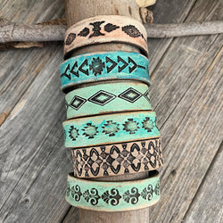 One of a kind, Genuine Tooled Leather Thin Boho Bracelet