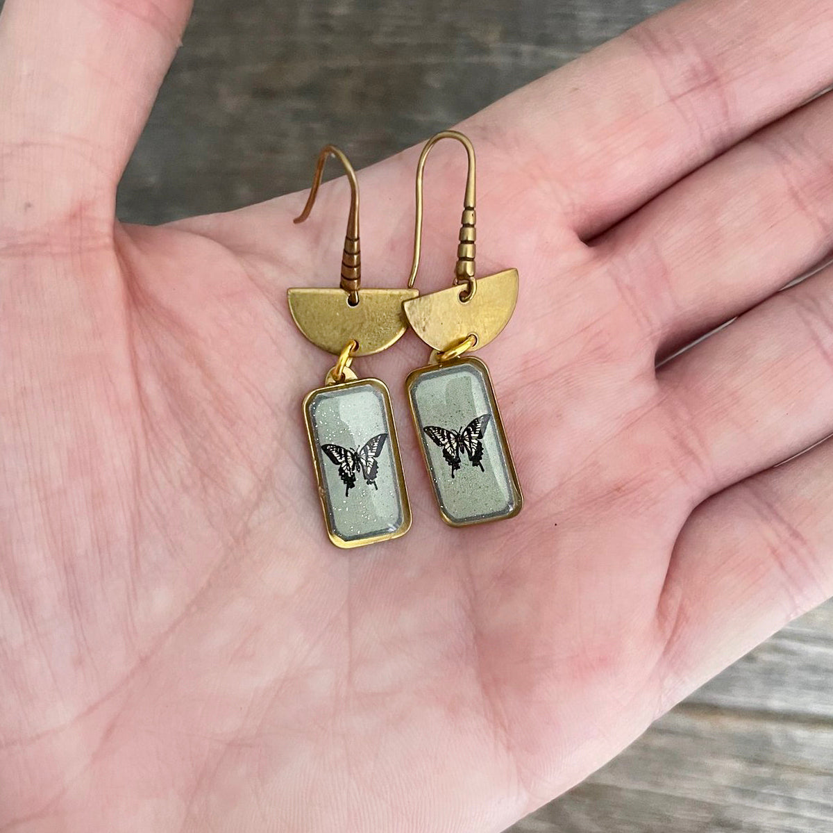 Butterfly Drop Earrings with Brass Half Moon Connector