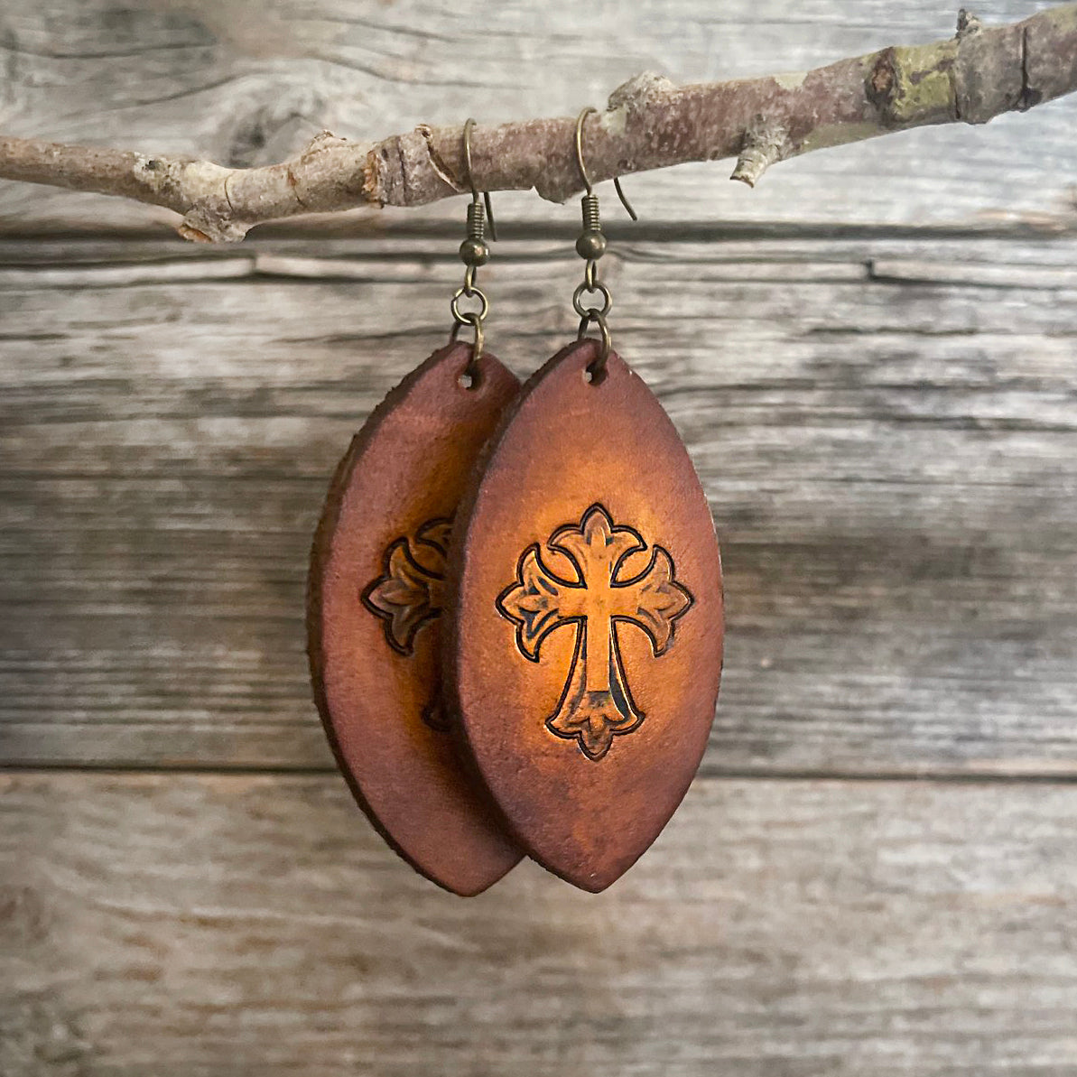 MADE TO ORDER - Tooled Cross Drop Leather Earrings | Boho Accessories