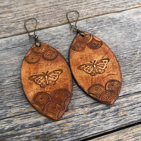 MADE TO ORDER - Leather Drop Butterfly Rustic Earrings